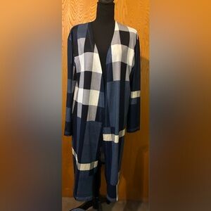 Navy and White Plaid Open Front Cardigan